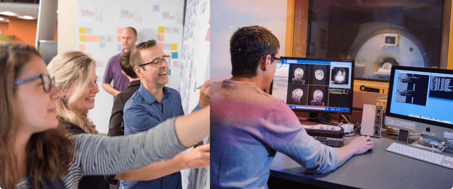 People in a focus group and a man in a medical imaging lab
